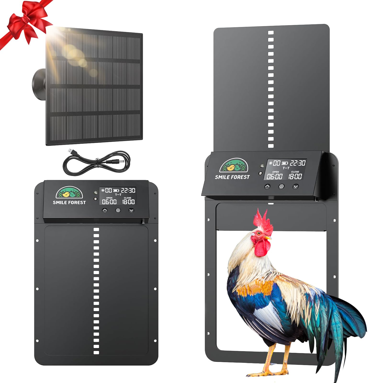 Smile Forest automatic door with solar panel setup improves chicken access, powered by sunlight