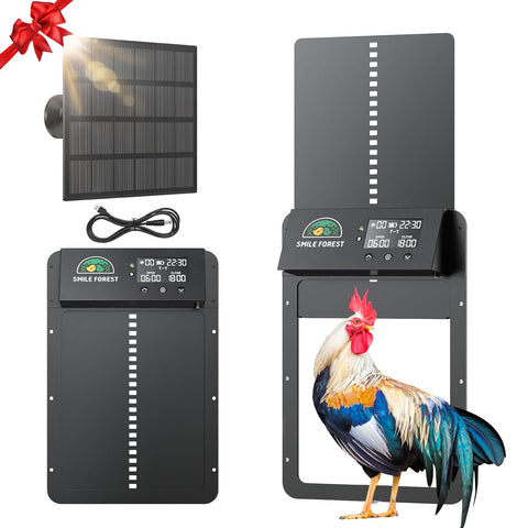 Smile Forest automatic door with solar panel setup improves chicken access, powered by sunlight