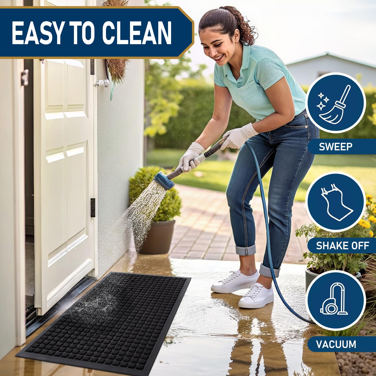 Smiry door mat features beveled rubber edge that dries quickly after rain
