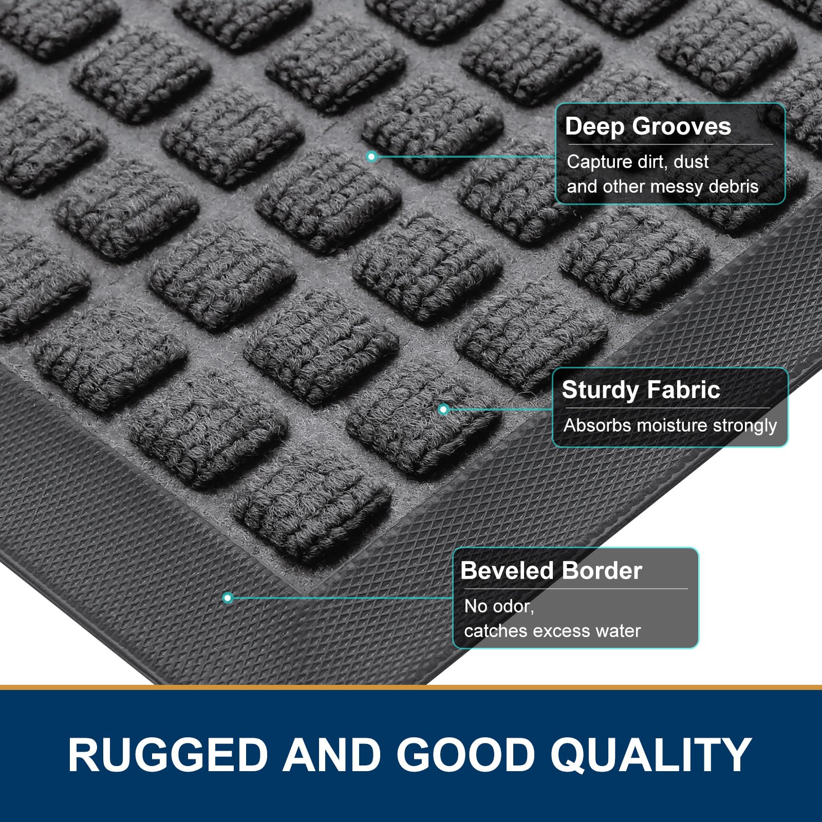 Smiry mat features beveled rubber edge that sheds water away from the threshold.