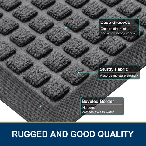 Smiry mat features beveled rubber edge that sheds water away from the threshold.