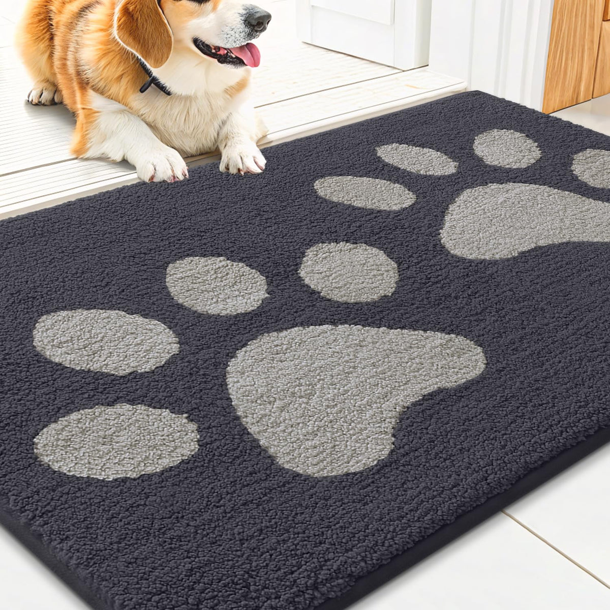 Smiry dog door mat absorbs moisture and dirt to keep floors clean.