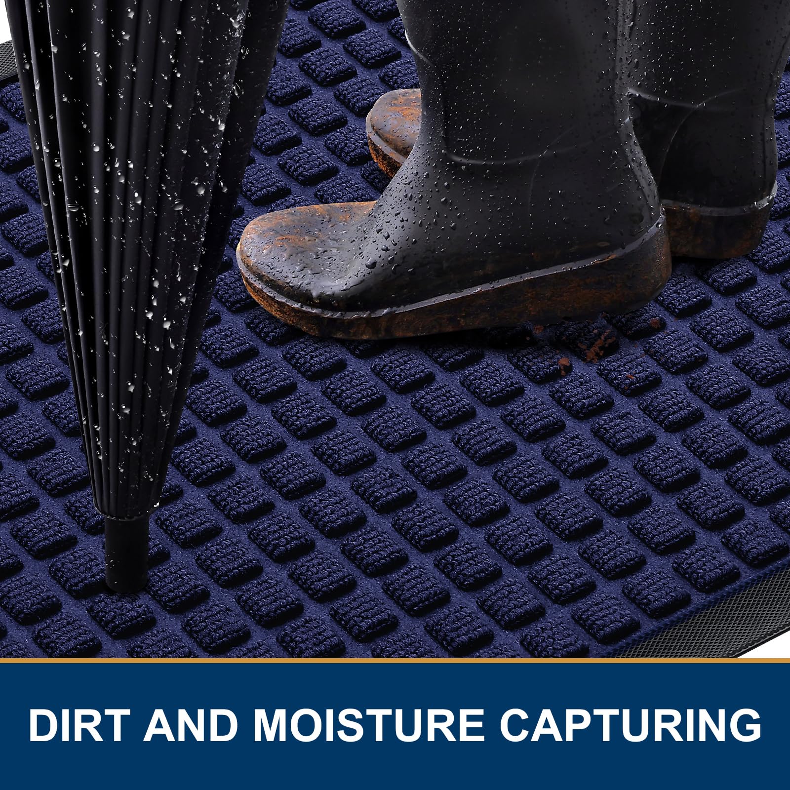 Smiry front door mat with beveled edge sheds water and reduces pooling near doors.