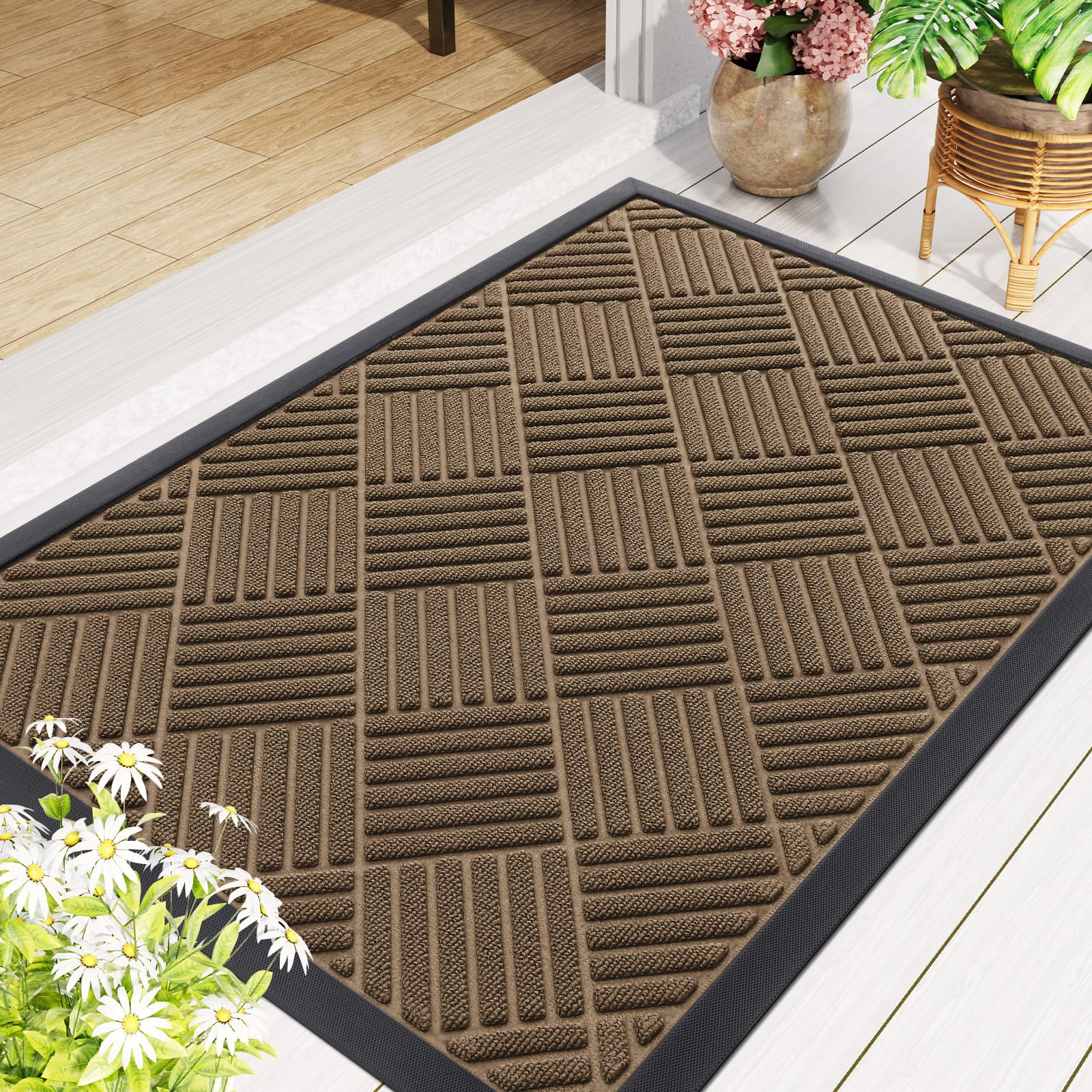 Smiry brown doormat blends with decor while trapping moisture.