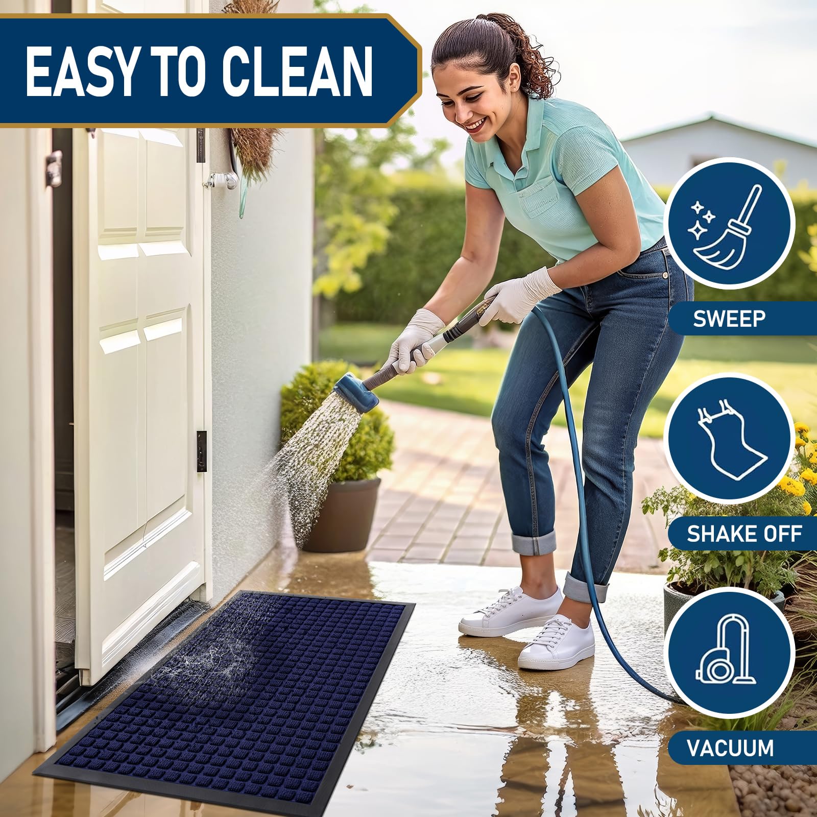 Smiry mat is easy to clean with sweep, vacuum, or rinse, then air-dry.