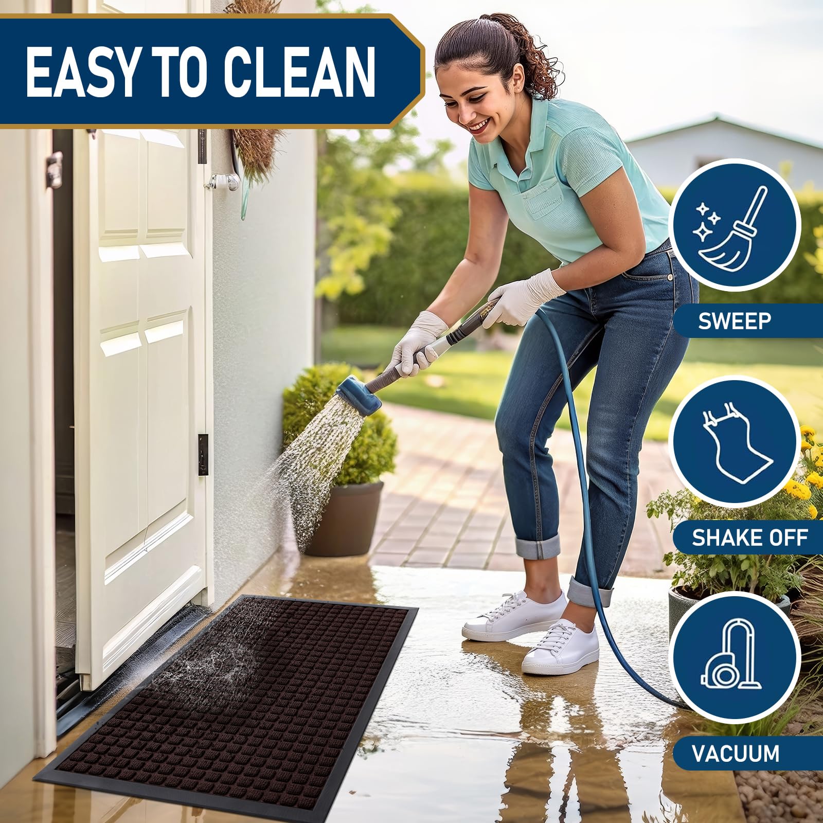 Smiry mat is easy to clean by sweeping, vacuuming, or washing.