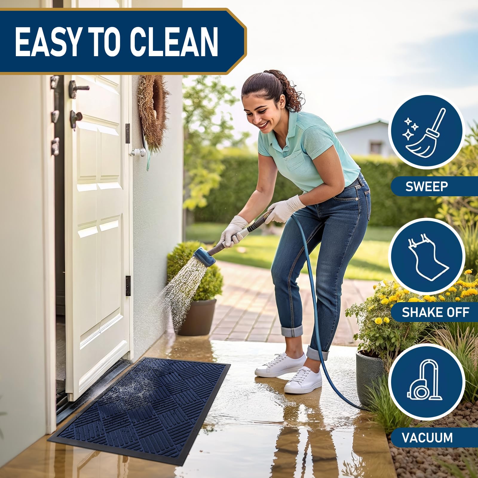 Smiry front door mat easy to clean with broom or hose rinse.