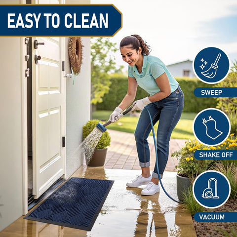 Smiry front door mat easy to clean with broom or hose rinse.