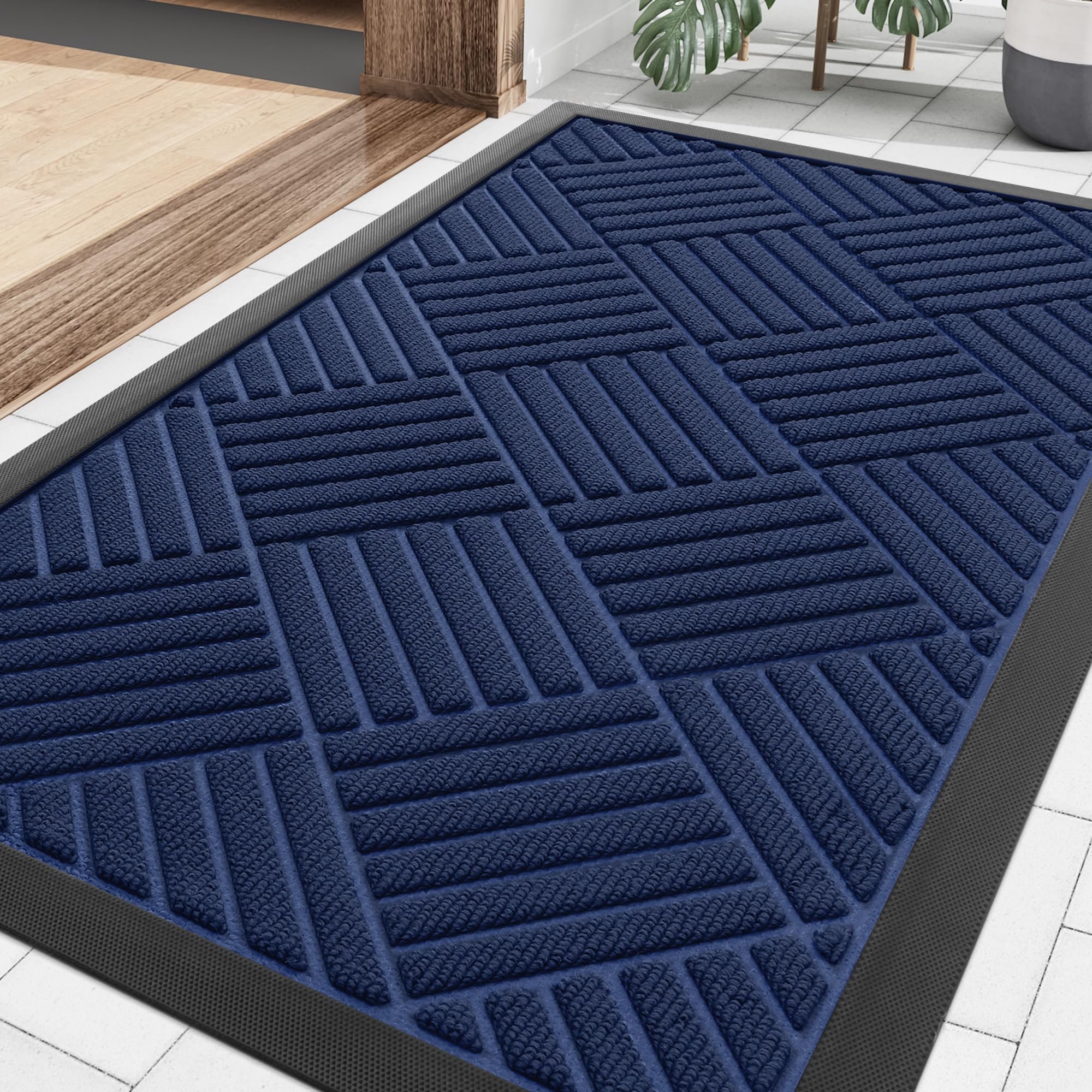 Smiry navy front door mat for outdoor entryways, durable and weather-ready.
