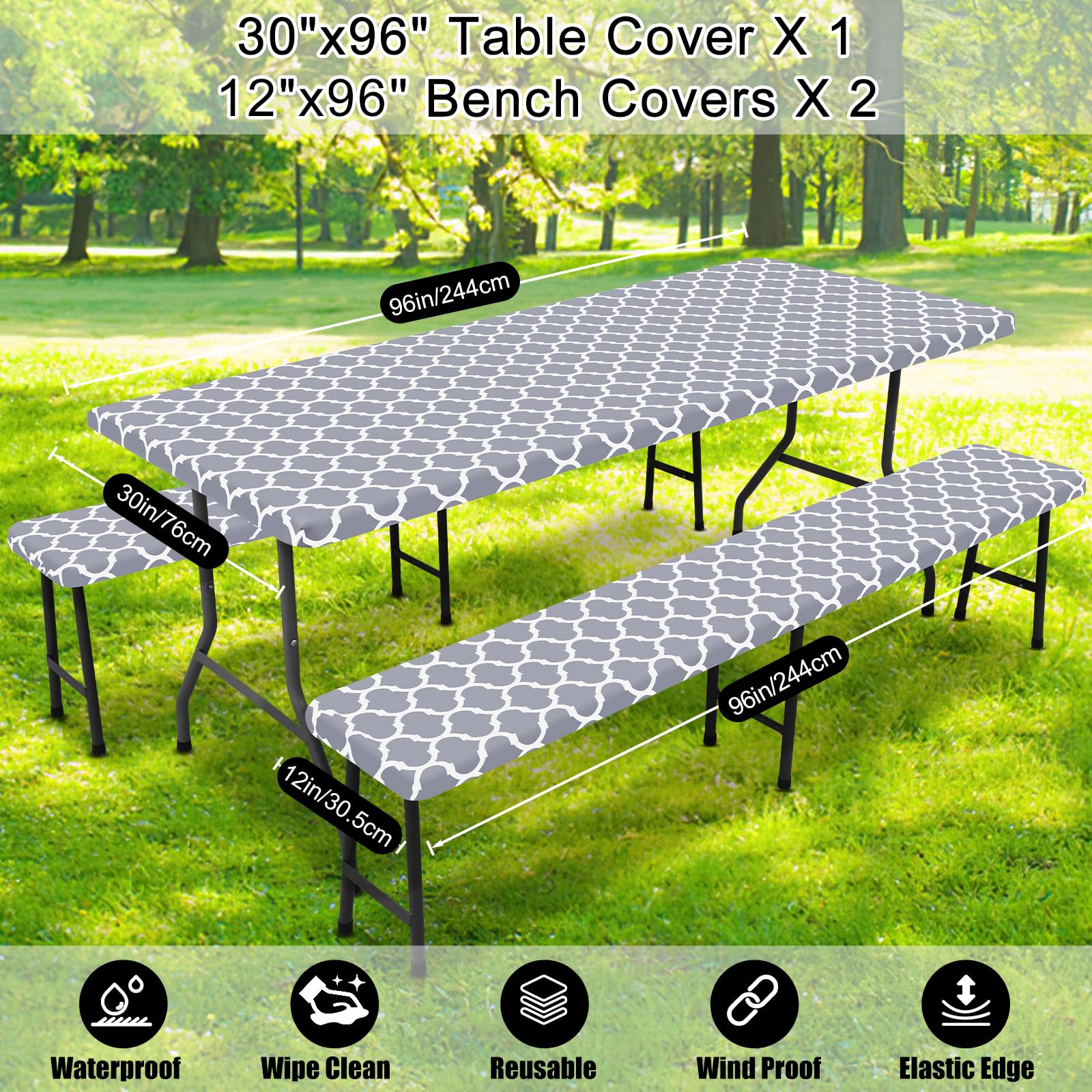 Smiry 3-piece set fits 96x30 table and 96x12 benches for outdoor events.