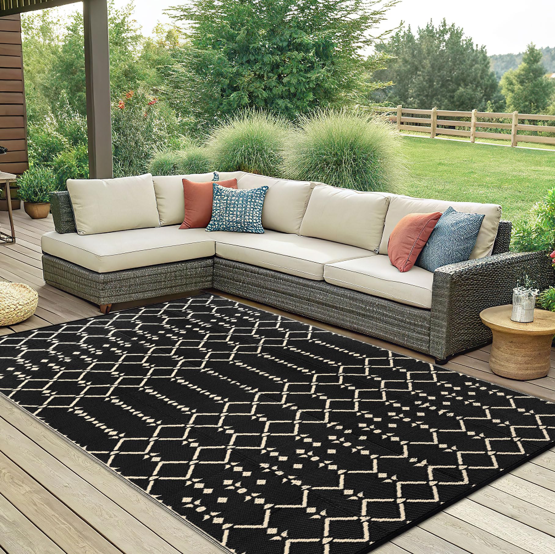 Beige tone complements neutral outdoor furniture.