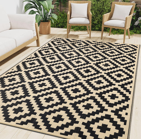 Smiry outdoor rug with geometric pattern offers durable softness for patios and decks.