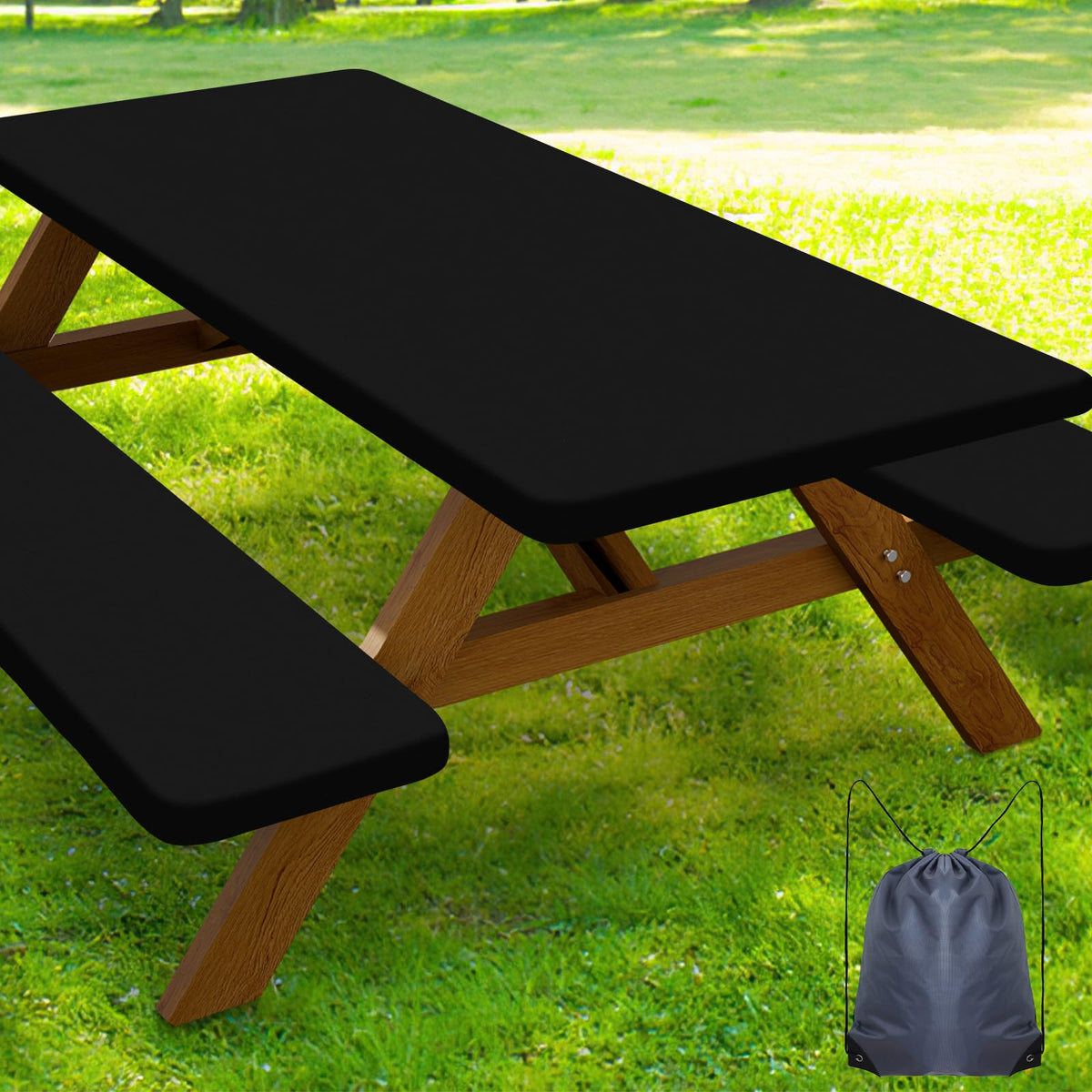 Smiry picnic table cover on a 72x30 table, providing a clean, weather-ready outdoor dining setup.