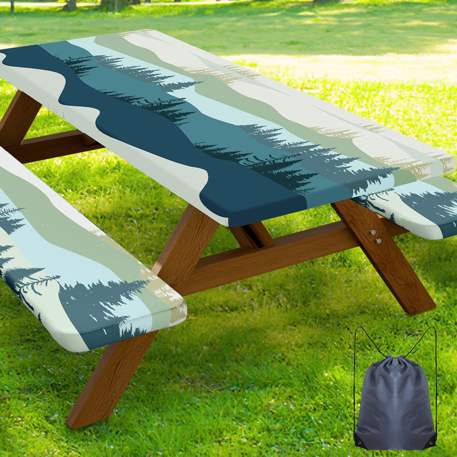 Smiry picnic table cover in green-blue for 72x30 inches, elastic fit keeps spills at bay.