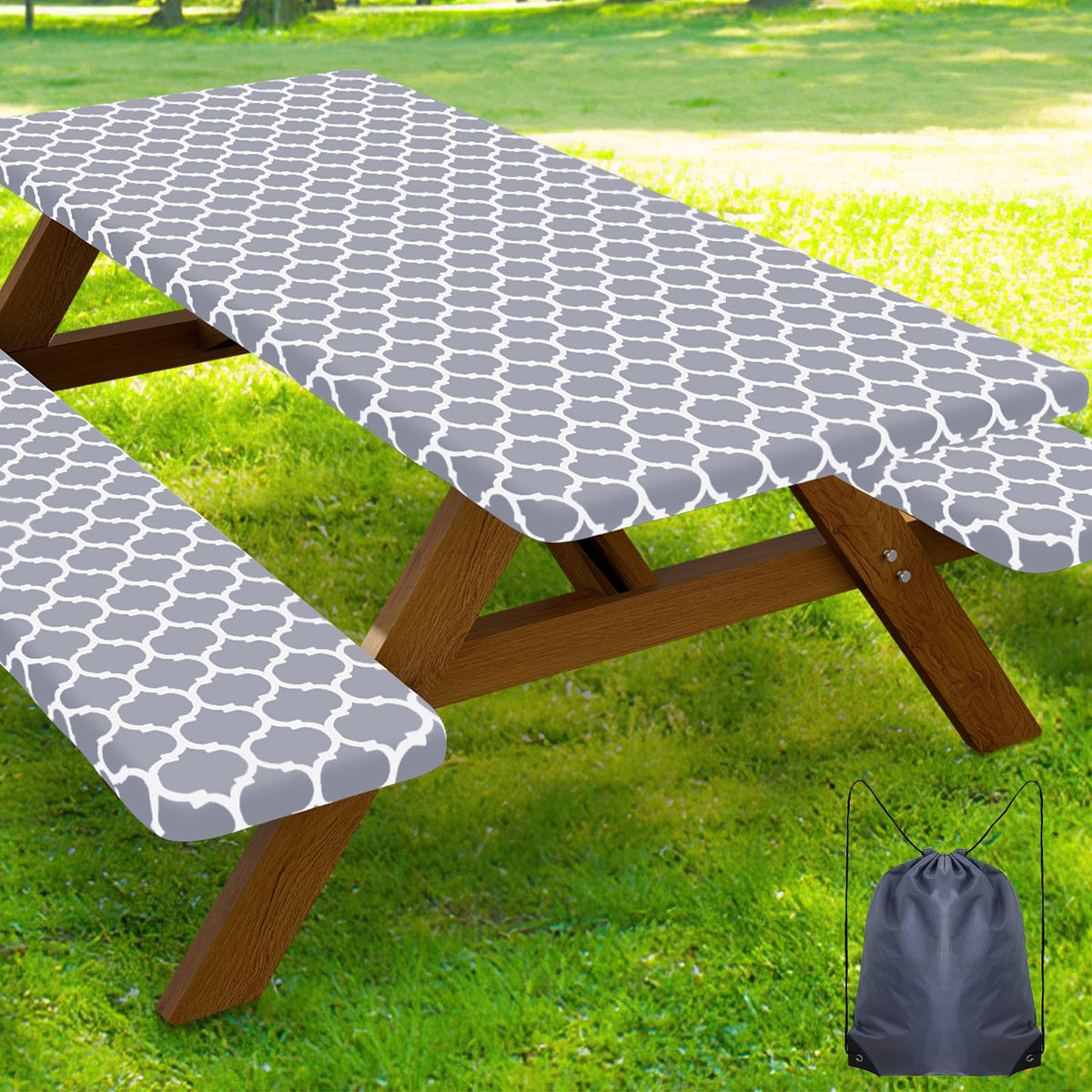 Smiry picnic table cover on a 96-inch table protects from spills during outdoor dining.