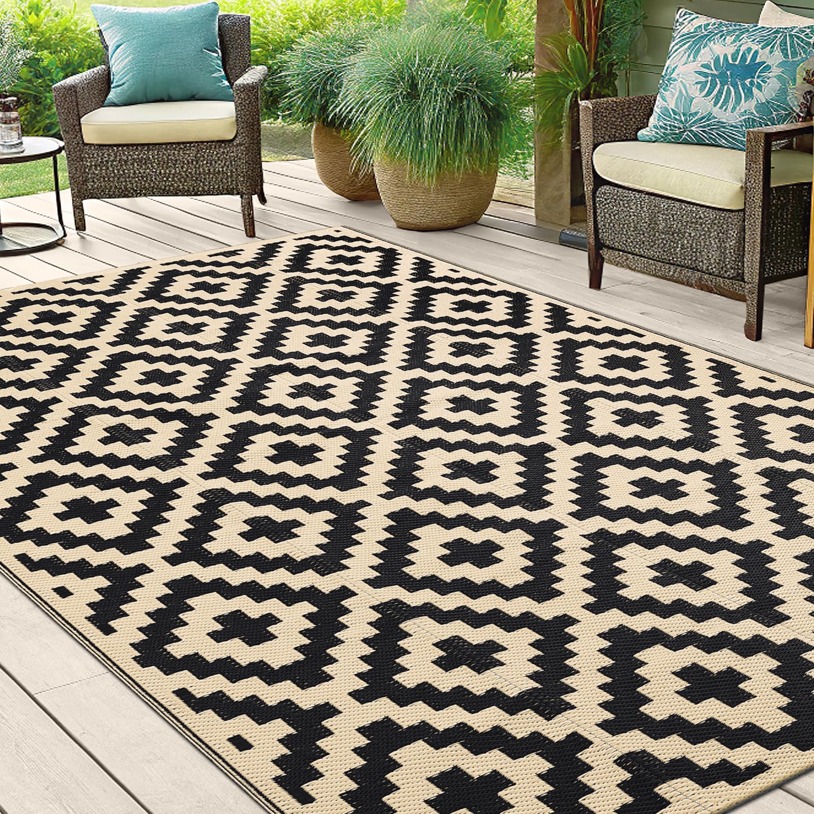 Smiry 5x8 rug placed on patio with garden use for relaxed outdoor living.