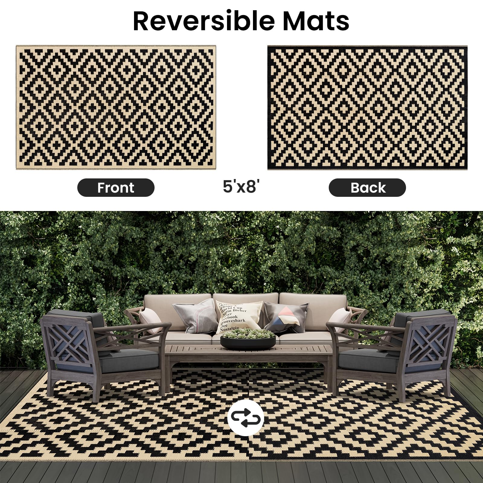 Smiry waterproof outdoor rug being quickly cleaned with hose, ideal for outdoor messes.