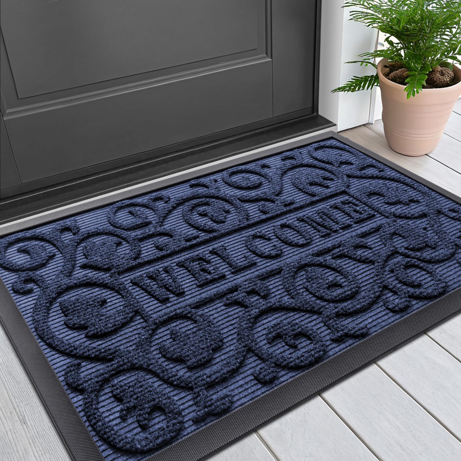 Smiry welcome door mat at outdoor entrance showing navy color and dirt-trapping surface for cleaner floors