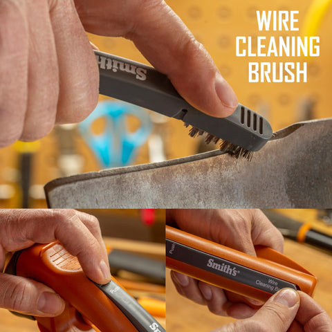 Wire-bristled brush stored in the handle for cleaning