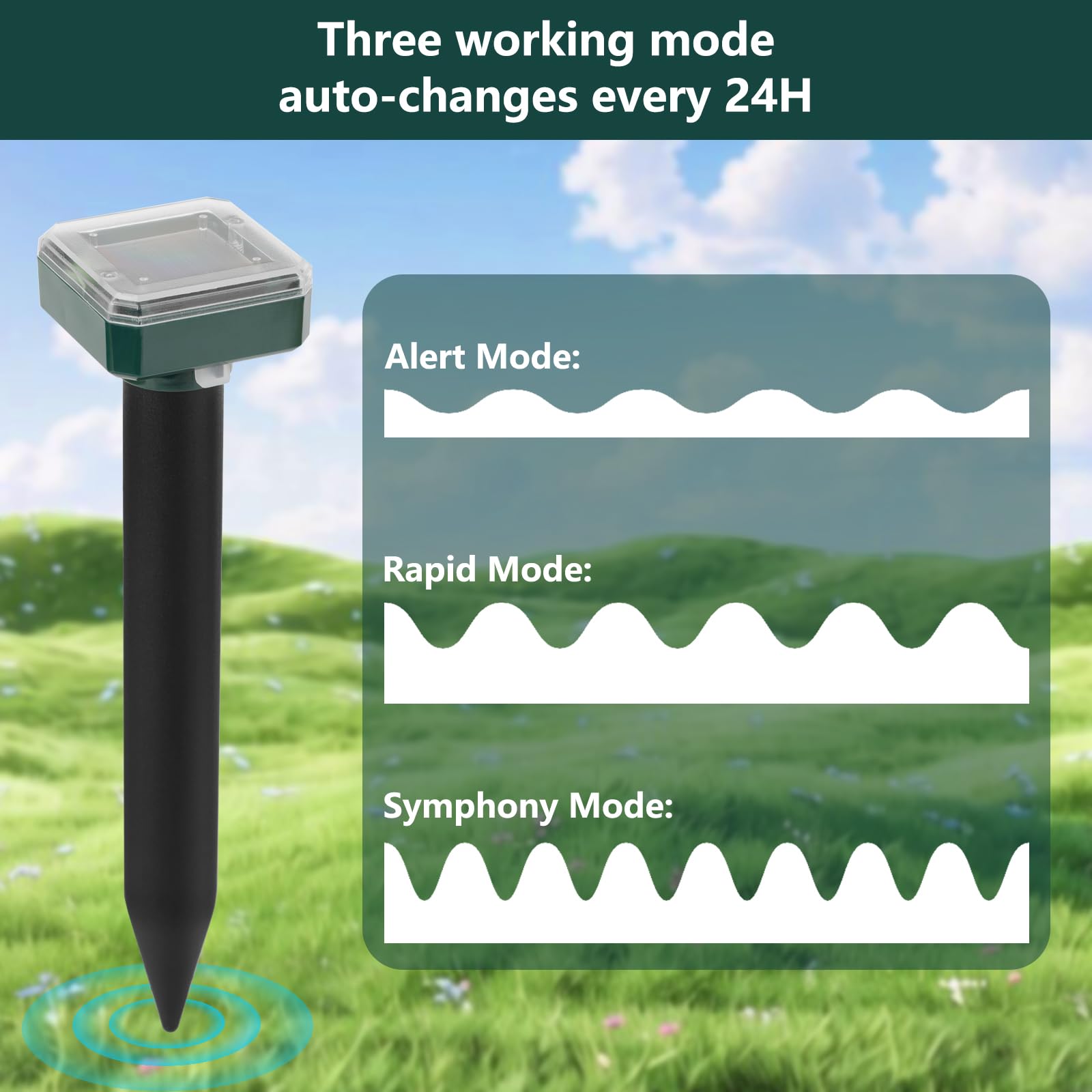SMKRKNG mole deterrent mounted on ground stake for easy soil installation