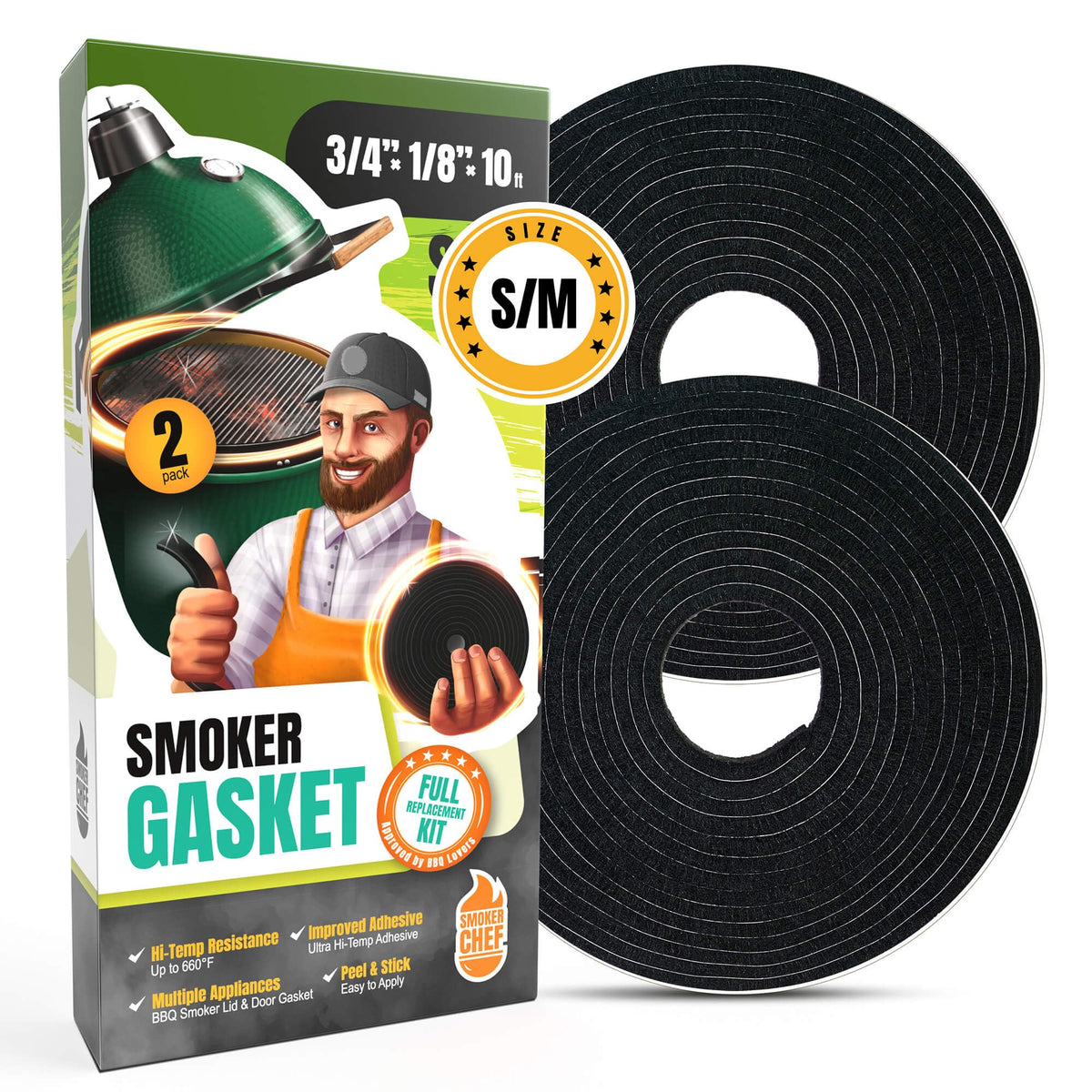 Smoker Chef gasket on a Big Green Egg grill seals S-M models for improved heat retention.