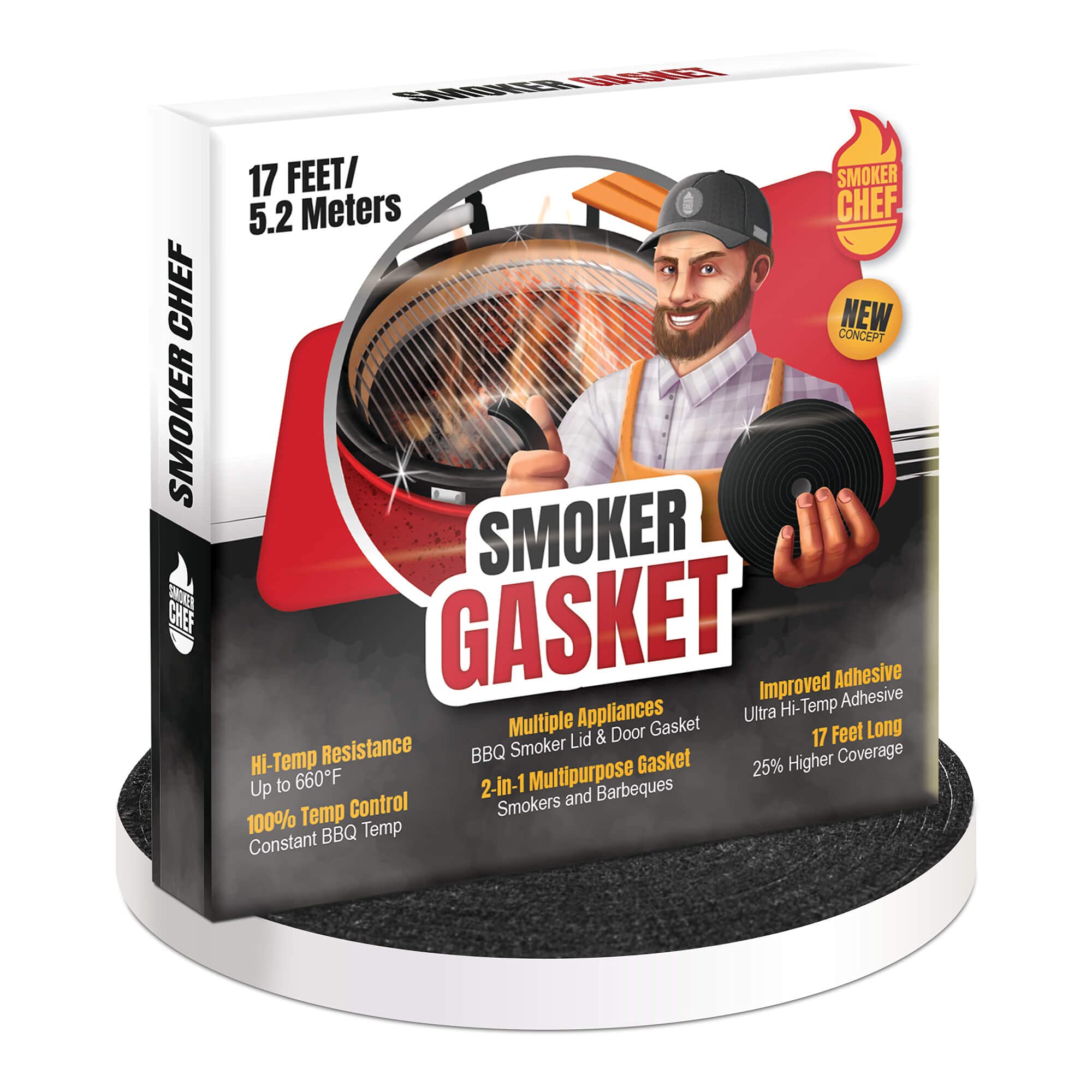 Smoker Chef smoker gasket 0.6in wide 0.2in thick applied to grill edge improves heat control.