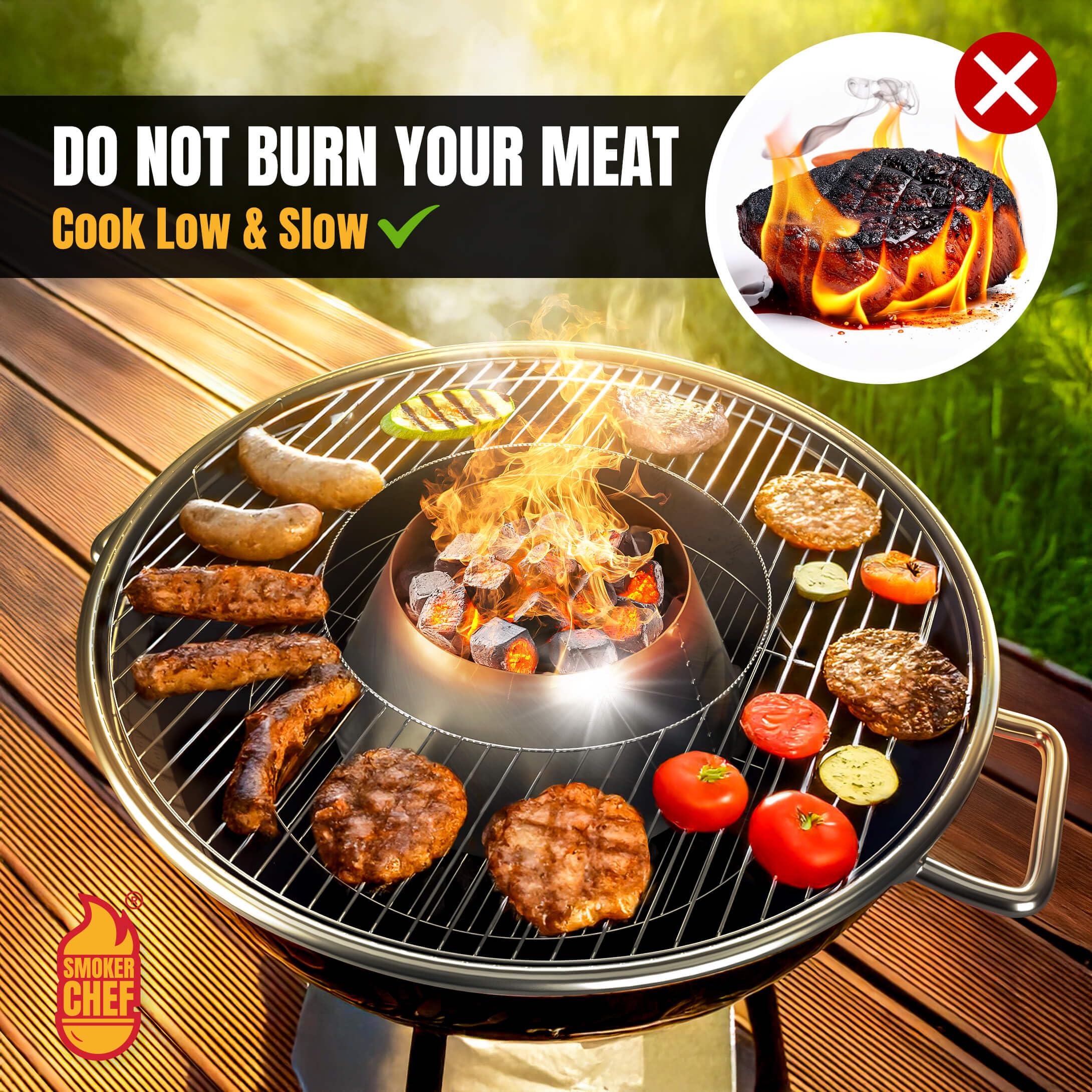 Smoker Chef stainless steel cone deflector concentrates heat for efficient cooking.