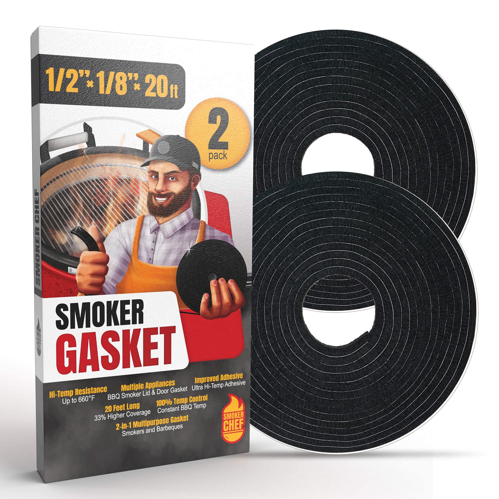 Smoker Chef XXL grill gasket seals 20ft grills for stable heat and efficiency.