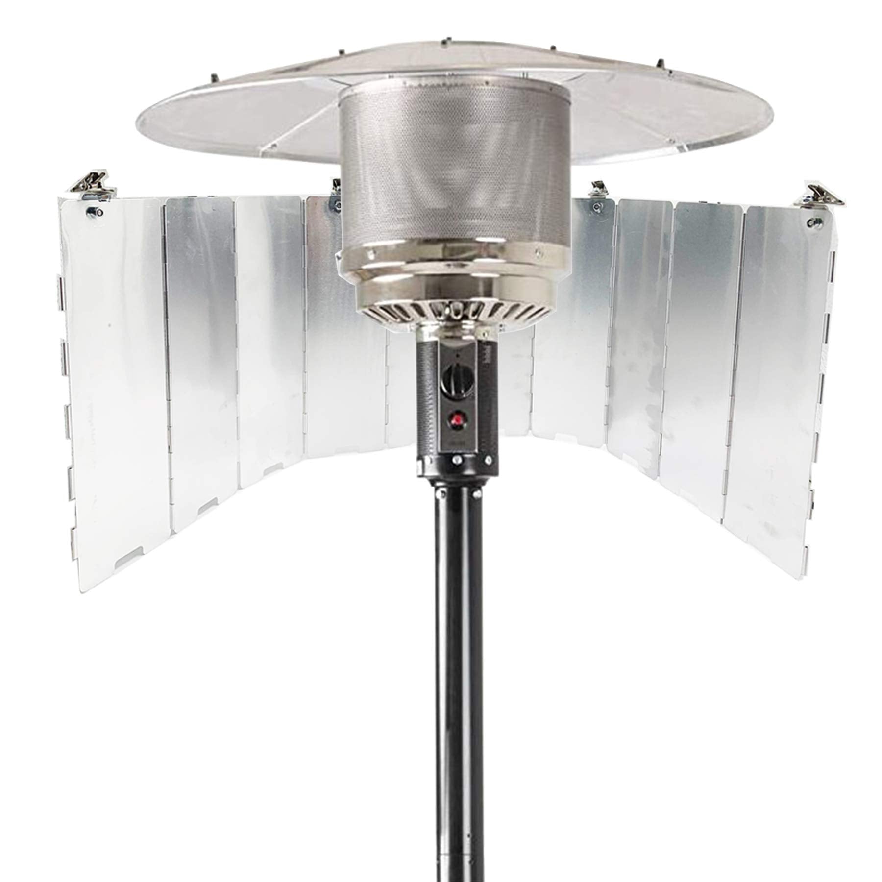 Smokitcen adjustable reflector for patio heater assembly increases heat direction efficiency.