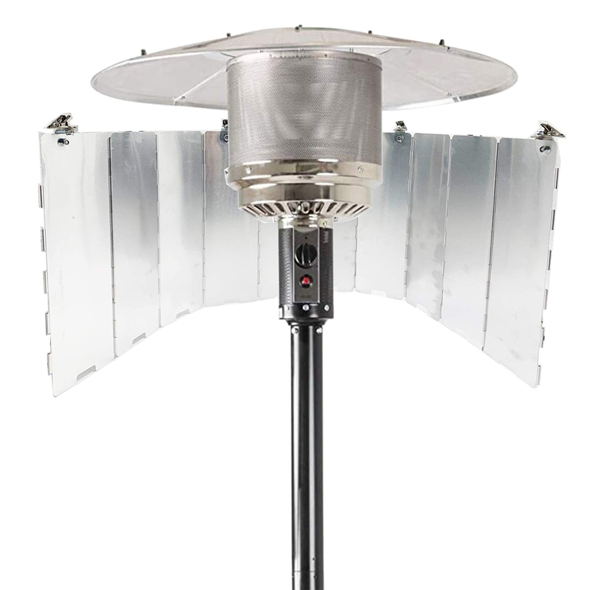 Smokitcen adjustable reflector for patio heater assembly increases heat direction efficiency.