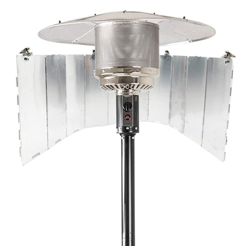 Smokitcen adjustable reflector for patio heater assembly increases heat direction efficiency.