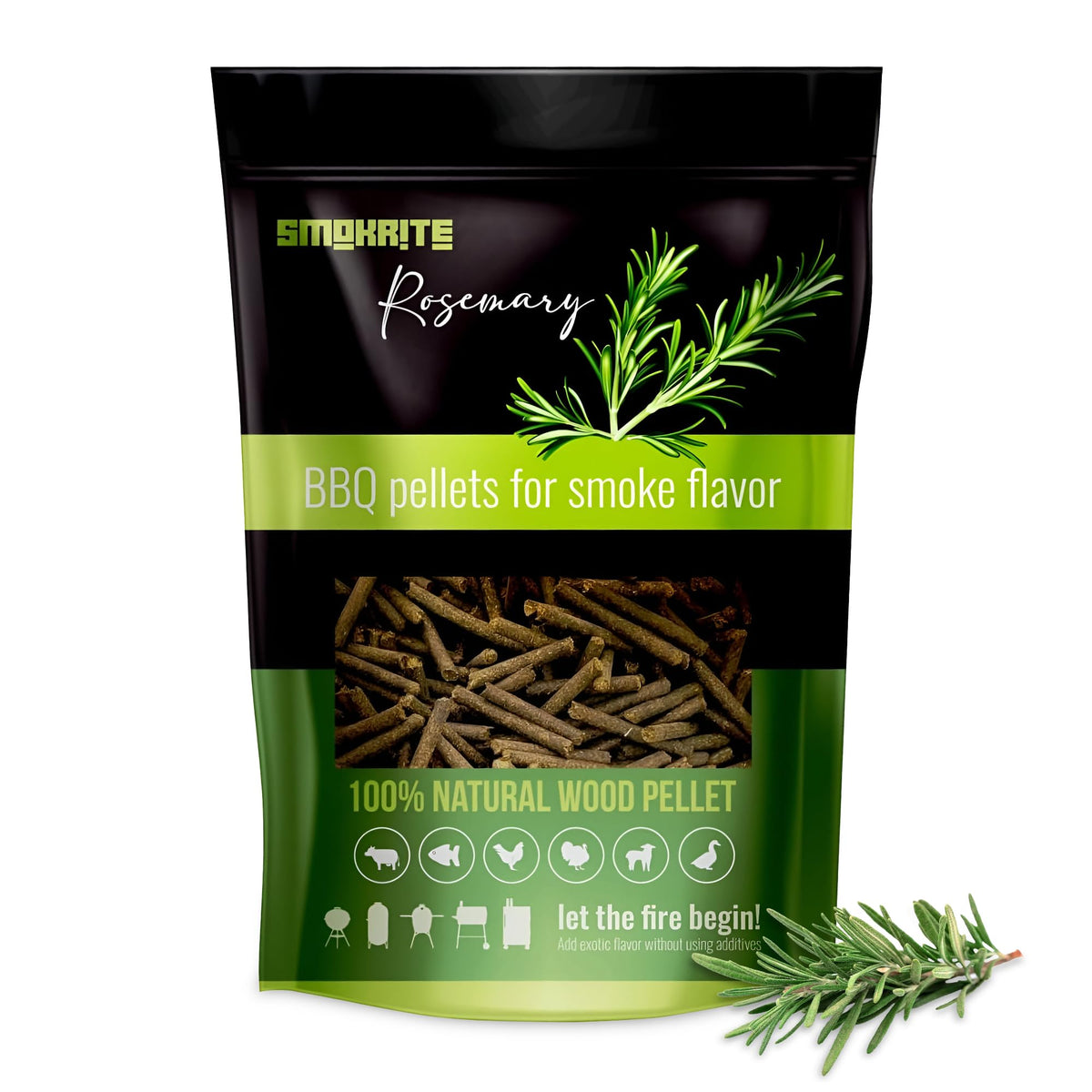 SMOKRITE rosemary wood pellets pack adds aromatic smoke to grilled dishes.