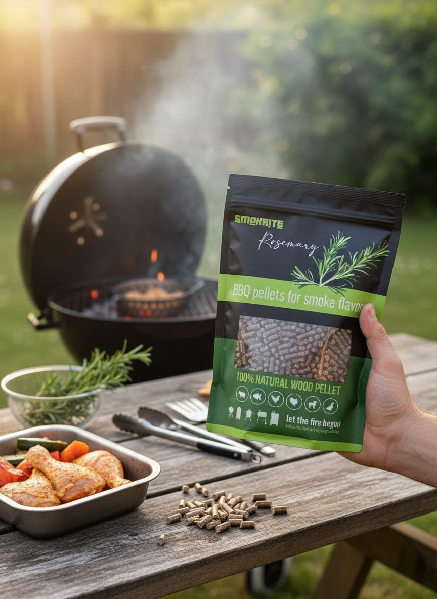 SMOKRITE rosemary wood pellets stored in a dry area for freshness.