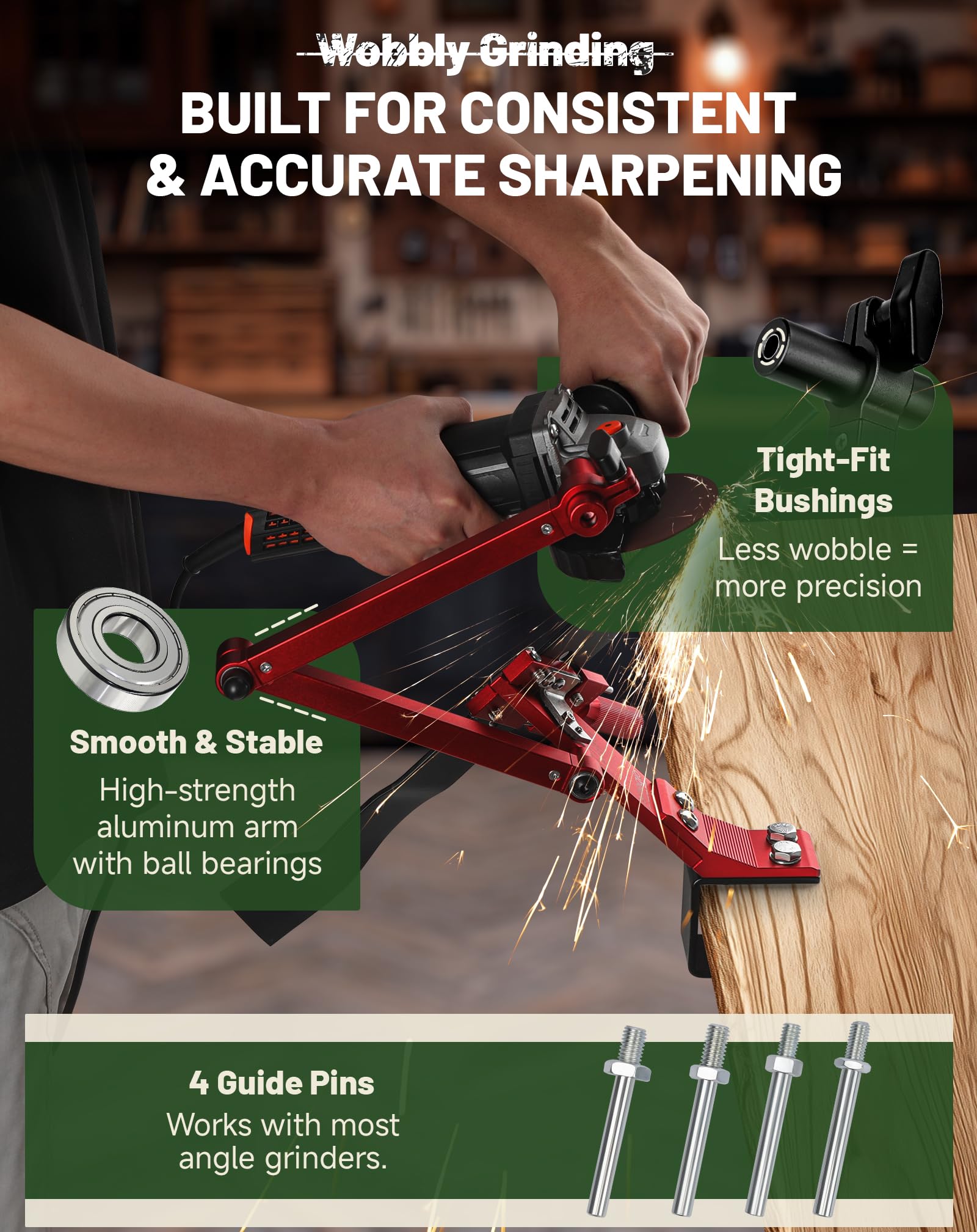 SMOQIO precision bushings reduce wobble for precise sharpening.