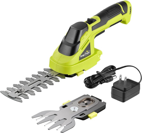 SnapFresh cordless grass shear shows hedge-trimmer blade close-up for precision.
