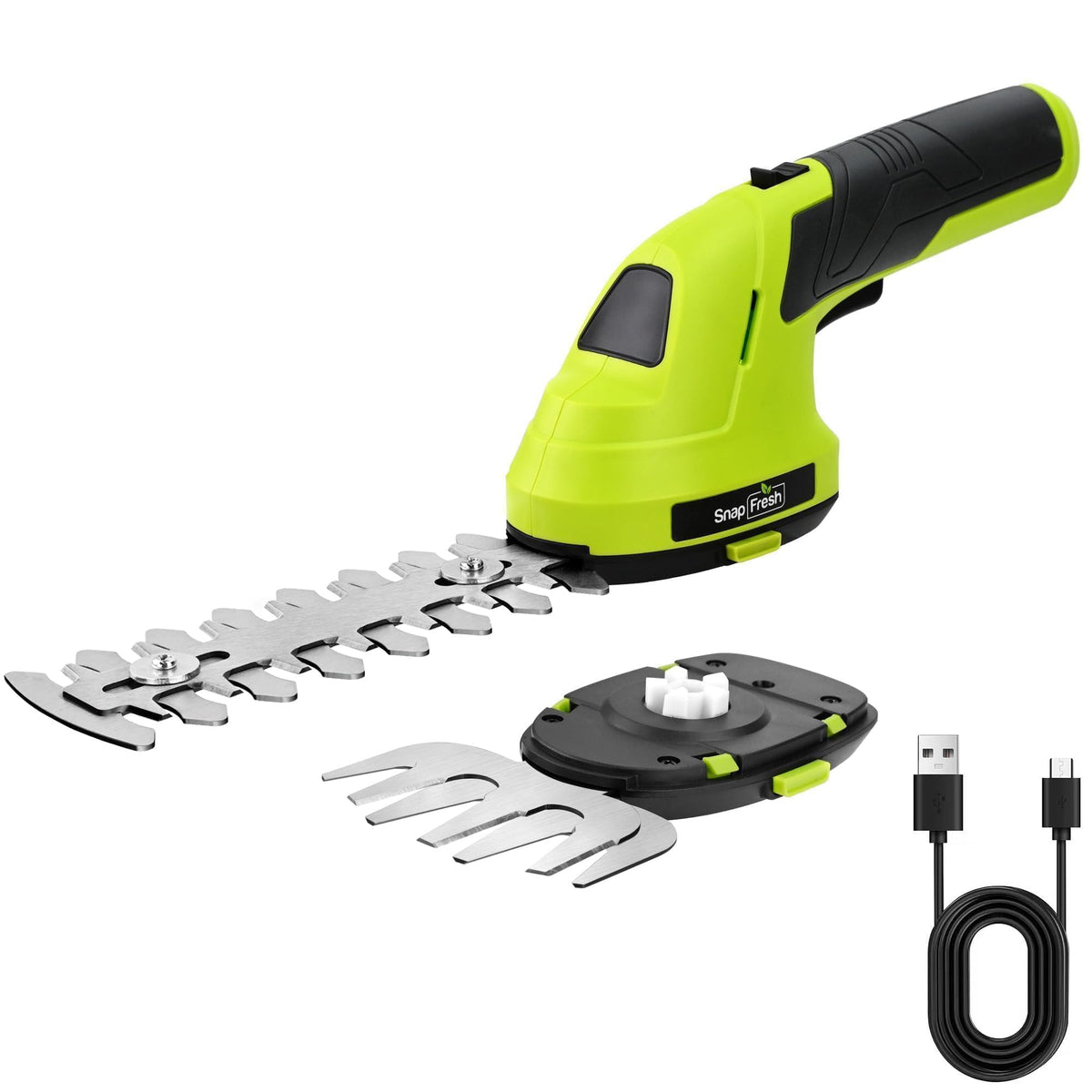 SnapFresh cordless grass shears close-up showing precise hedge blade trimming