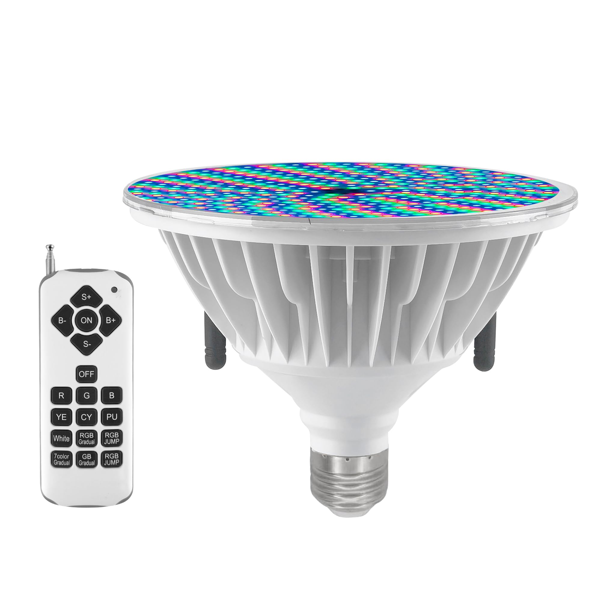 Generic SngBrt 50W LED pool light bulb emits vibrant RGB colors for inground pools.