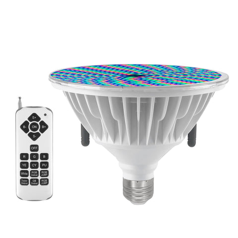 Generic SngBrt 50W LED pool light bulb emits vibrant RGB colors for inground pools.