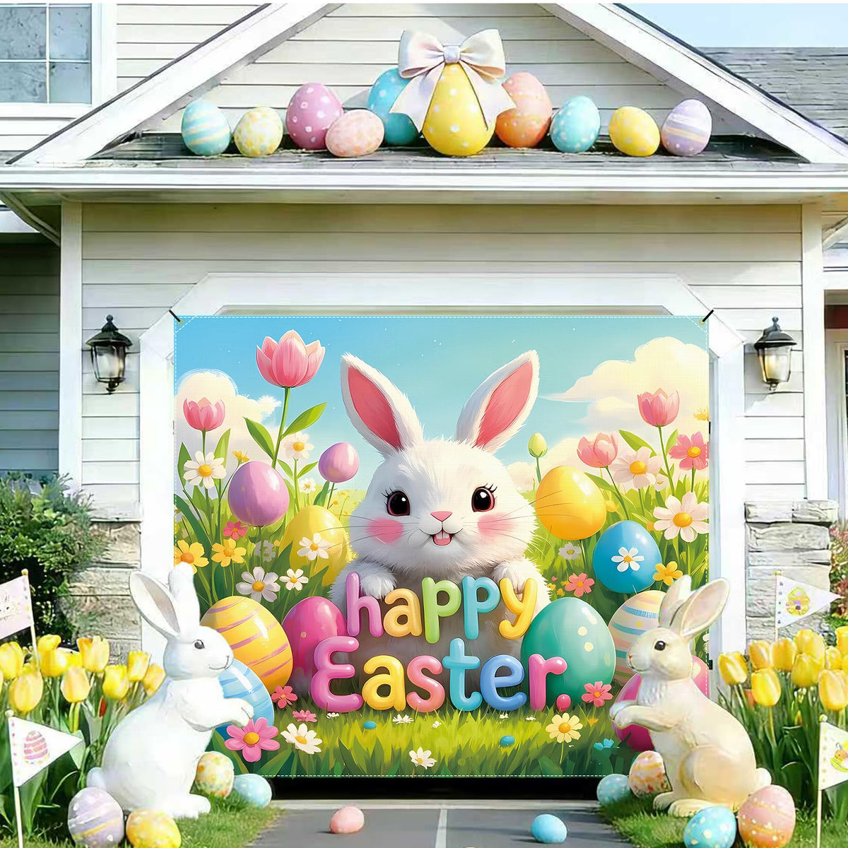 SNILOAW Easter garage door cover featuring a friendly bunny enhances curb appeal