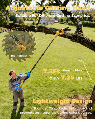 Snoonwee 180-degree head pivots for precise angles during overhead pruning.