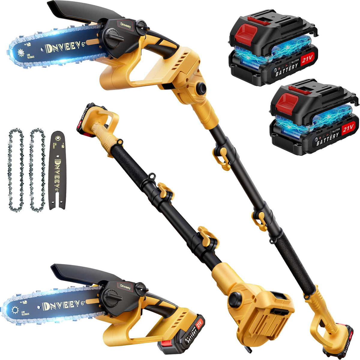 Snoonwee cordless pole saw extended reach enables high branch trimming from the ground.