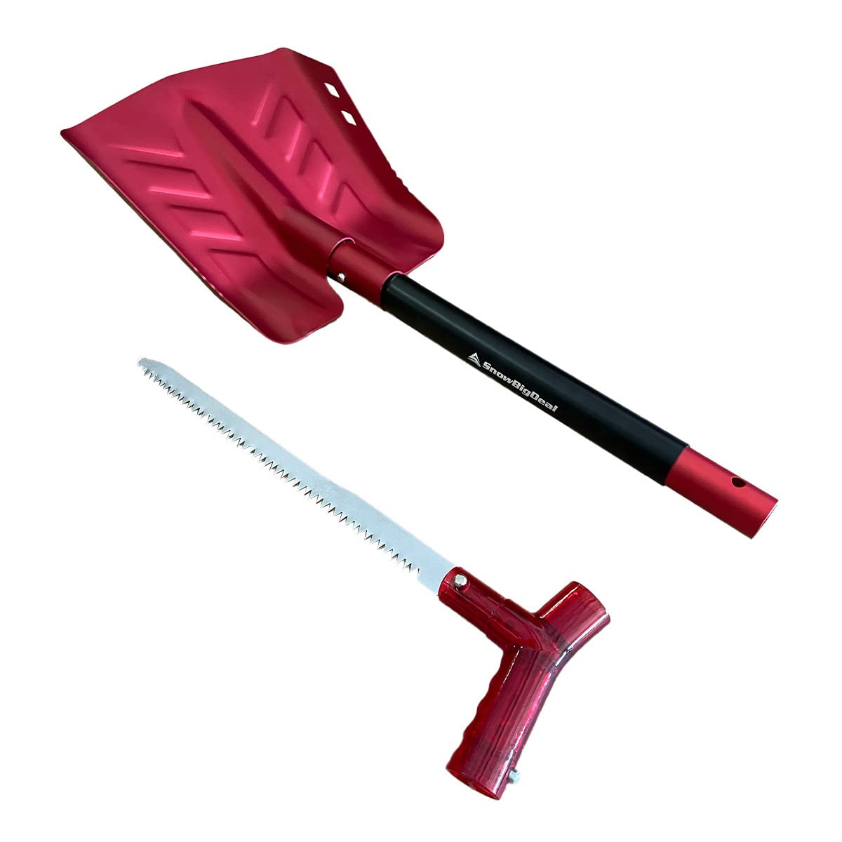 SnowBigDeal Emergency Snow Shovel with Saw, handle stowed for quick packing and transport.