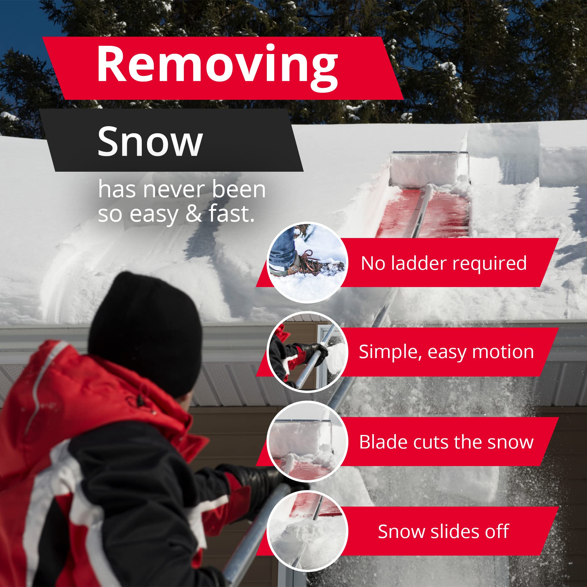 Snowpeeler ideal for low-pitch roofs, enabling ground-based use.
