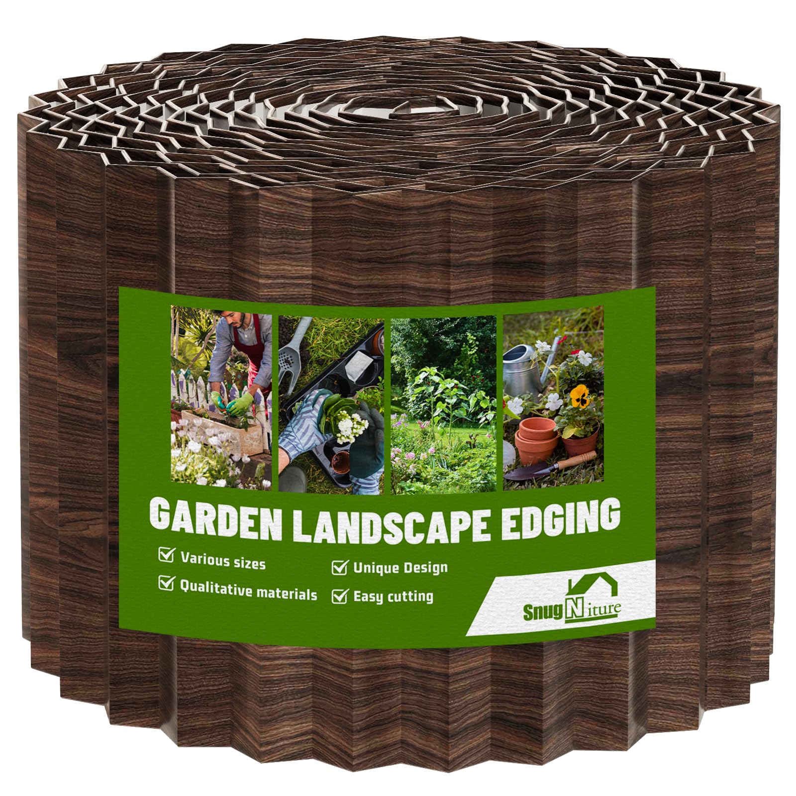 SnugNiture corrugated garden edging creates a durable brown lawn border.