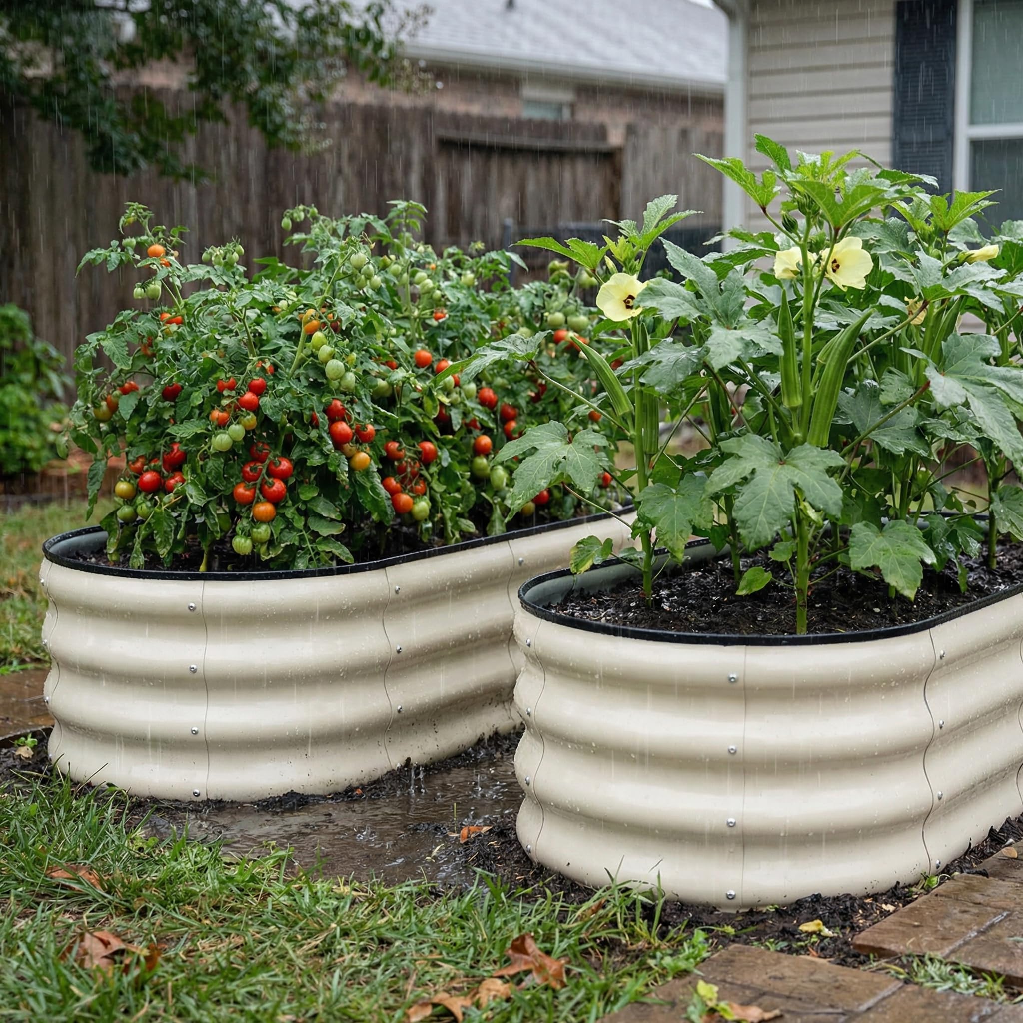 SnugNiture galvanized raised bed oval side view highlighting spacious planting area