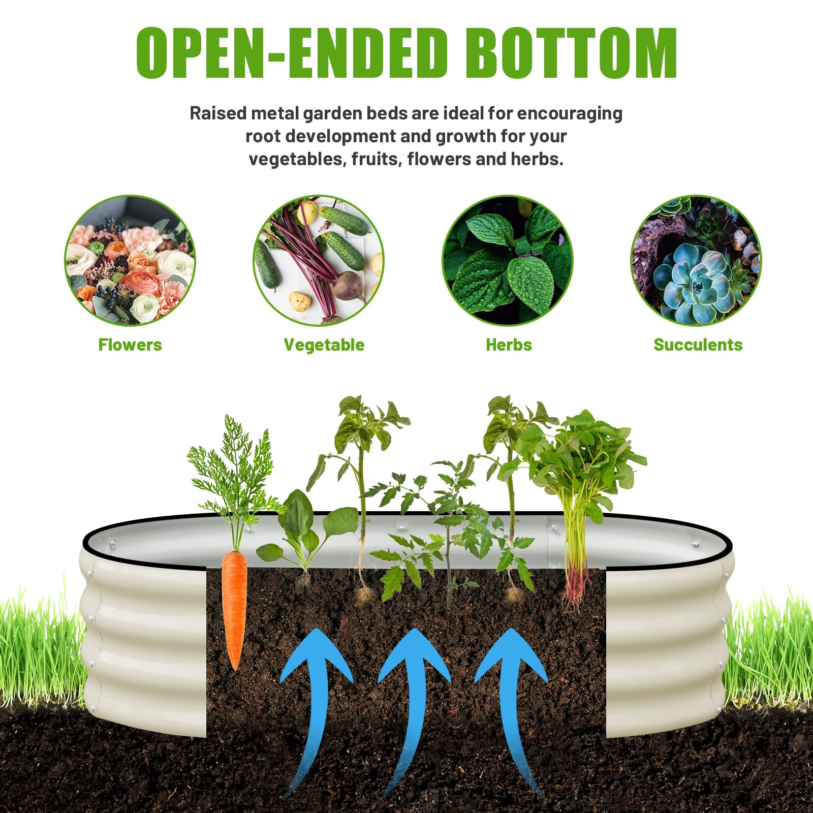 SnugNiture galvanized raised garden bed drainage with bottomless frame for soil permeability.