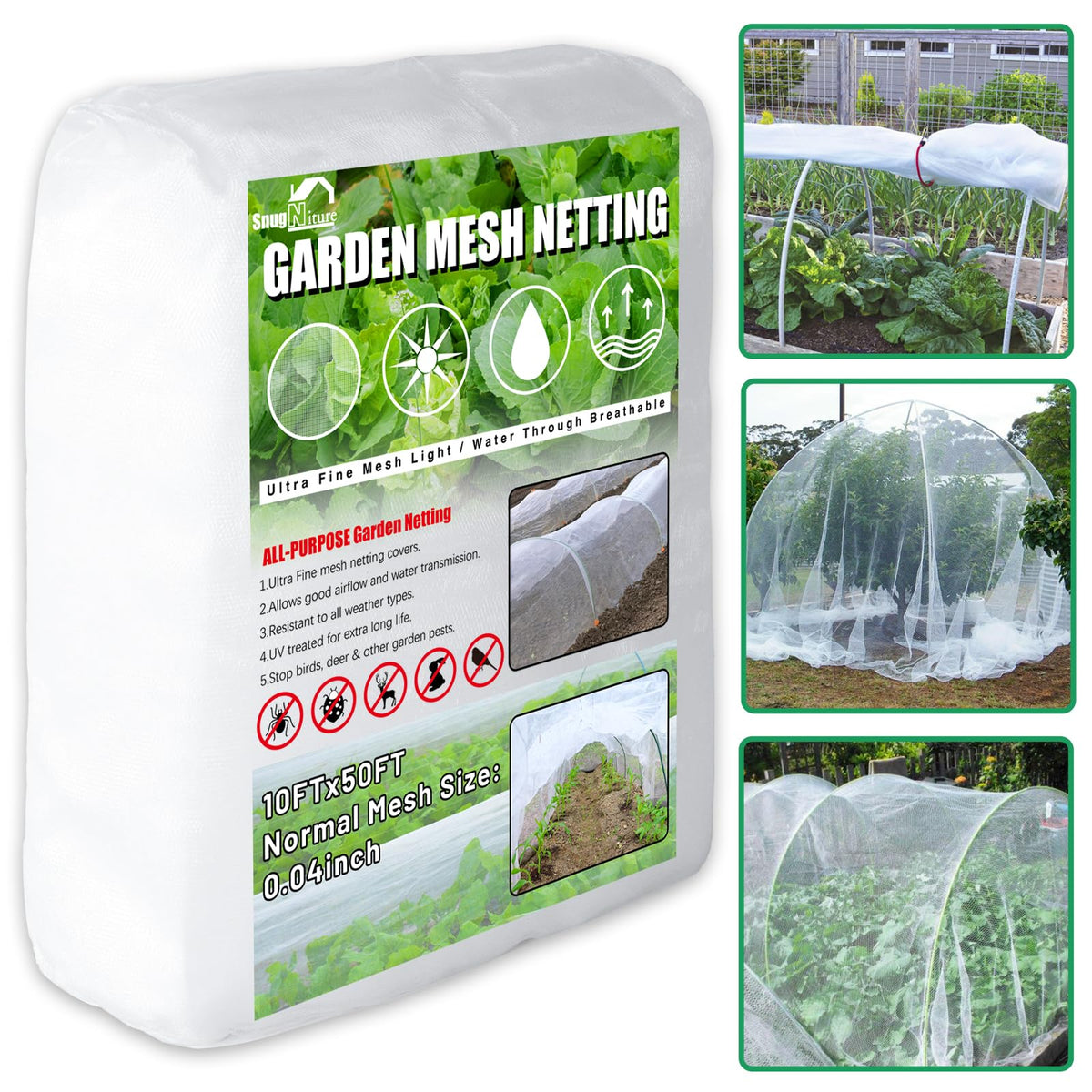 SnugNiture garden netting overview showing 10x50ft ultra-fine mesh protecting crops