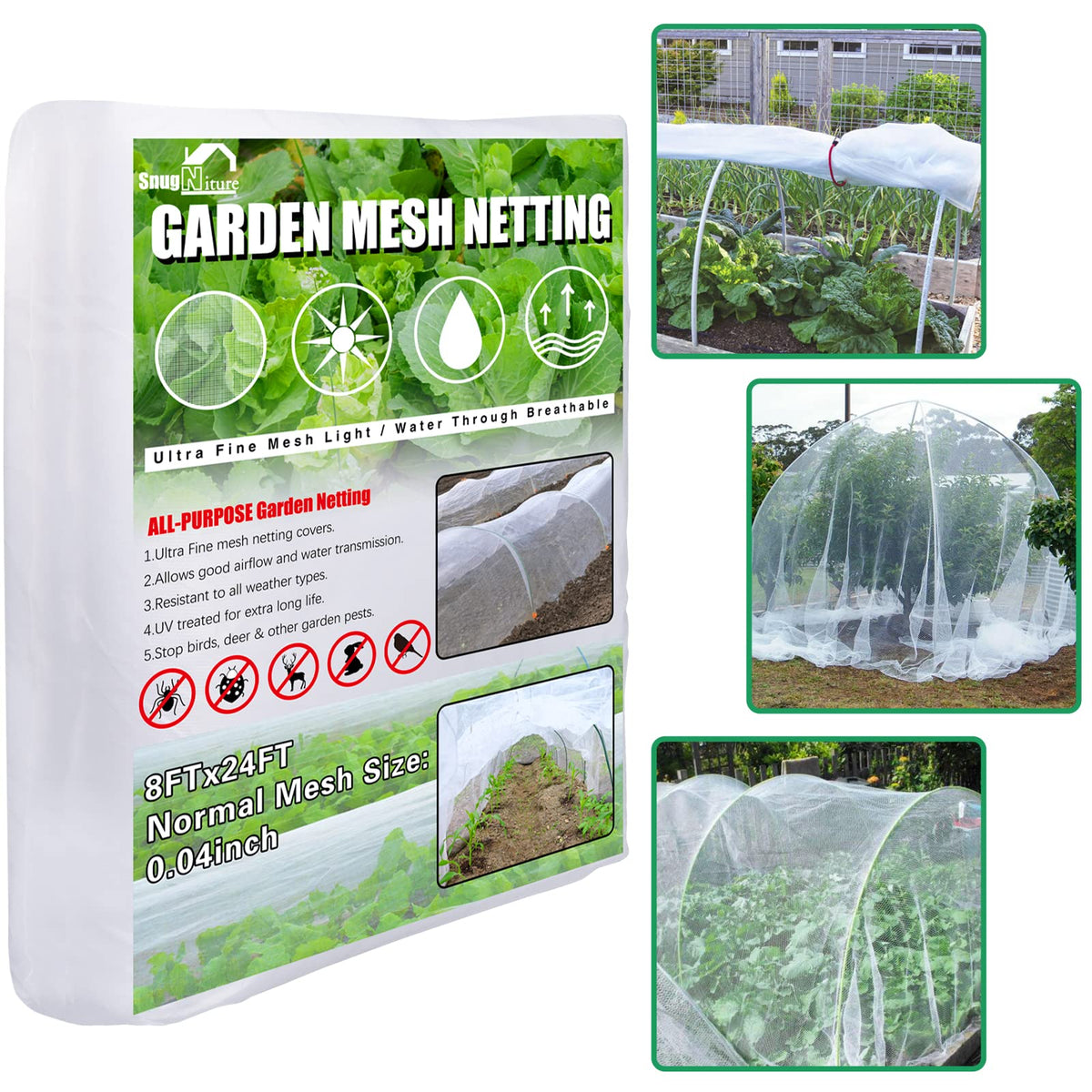 SnugNiture garden netting 8x24ft covering plants to deter birds and pests