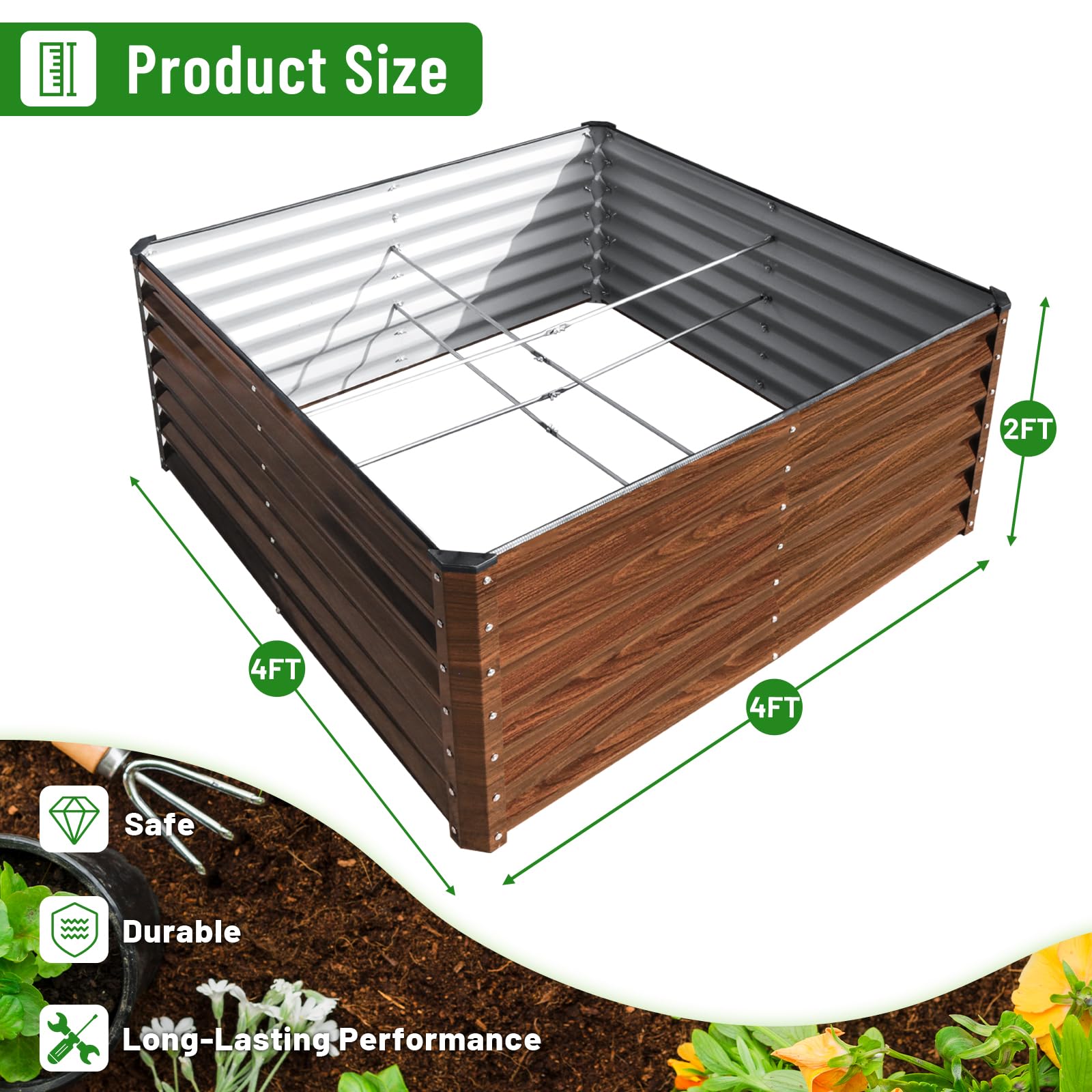 SnugNiture large metal planter box shows its 48-inch footprint for expansive plantings
