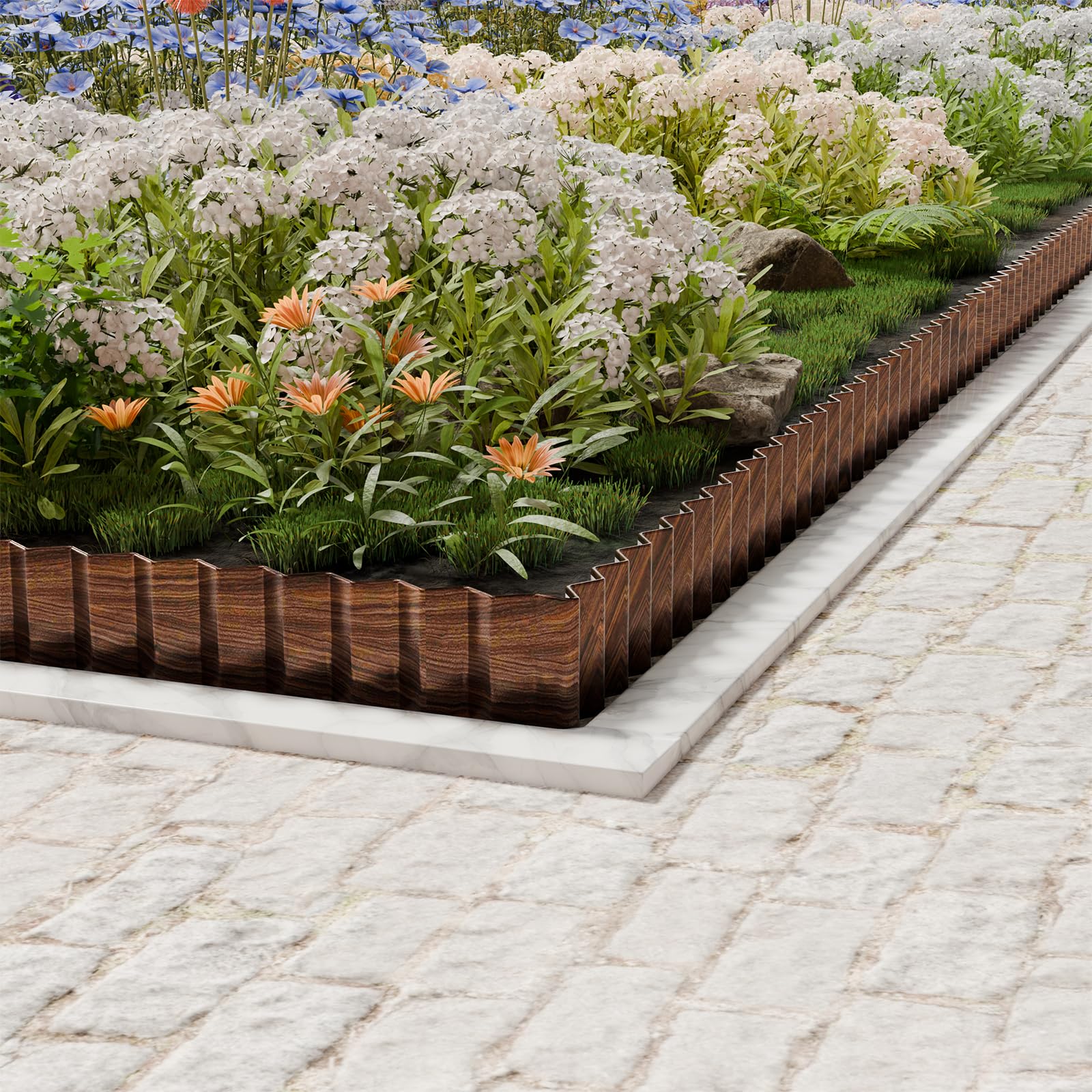 SnugNiture lawn border with corrugated edge adds a modern frame to beds.